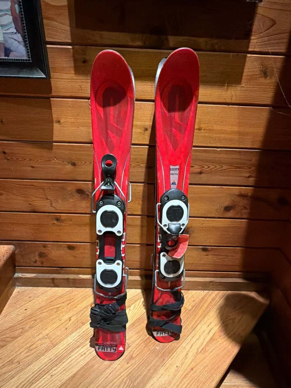 Pair of Kids K2 Apache Fatty Skiboards Snow Skis Red with Bindings